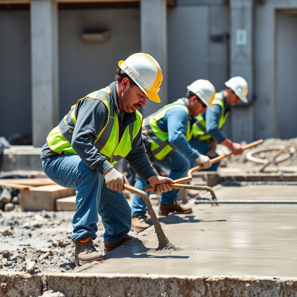 Construction workers finishing wet cement on a job site